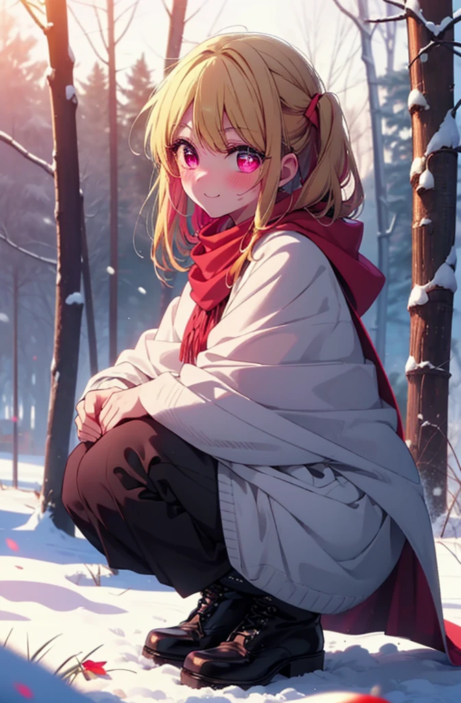 rubyhoshino, Hoshino Ruby, Long Hair, bangs, Blonde, (Pink Eyes:1.3), Side Lock, (Symbol-shaped pupil:1.5), Multicolored Hair, Two-tone hair, smile,,smile,blush,White Breath,
Open your mouth,snow,Ground bonfire, Outdoor, boots, snowing, From the side, wood, suitcase, Cape, Blurred, , forest, White handbag, nature,  Squat, Mouth closed, Cape, winter, Written boundary depth, Black shoes, red Cape break looking at viewer, Upper Body, whole body, break Outdoor, forest, nature, break (masterpiece:1.2), Highest quality, High resolution, unity 8k wallpaper, (shape:0.8), (Beautiful and beautiful eyes:1.6), Highly detailed face, Perfect lighting, Highly detailed CG, (Perfect hands, Perfect Anatomy),