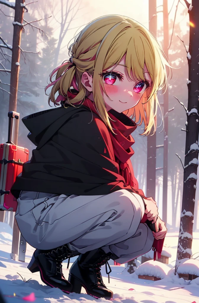 rubyhoshino, Hoshino Ruby, Long Hair, bangs, Blonde, (Pink Eyes:1.3), Side Lock, (Symbol-shaped pupil:1.5), Multicolored Hair, Two-tone hair, smile,,smile,blush,White Breath,
Open your mouth,snow,Ground bonfire, Outdoor, boots, snowing, From the side, wood, suitcase, Cape, Blurred, , forest, White handbag, nature,  Squat, Mouth closed, Cape, winter, Written boundary depth, Black shoes, red Cape break looking at viewer, Upper Body, whole body, break Outdoor, forest, nature, break (masterpiece:1.2), Highest quality, High resolution, unity 8k wallpaper, (shape:0.8), (Beautiful and beautiful eyes:1.6), Highly detailed face, Perfect lighting, Highly detailed CG, (Perfect hands, Perfect Anatomy),