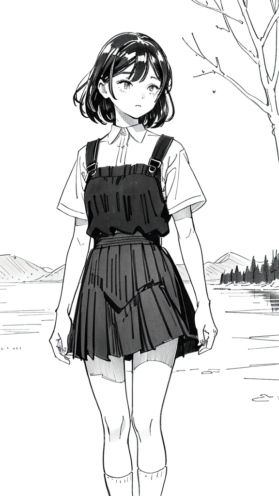 One Girl,Line art,Monochrome,sketch,Pencil drawing,Traditional Media,One Girl, skirt,Cute Teenage Girls, ,Beautiful portrait、Delicate body、Black Hair、Black Hair,landscape
