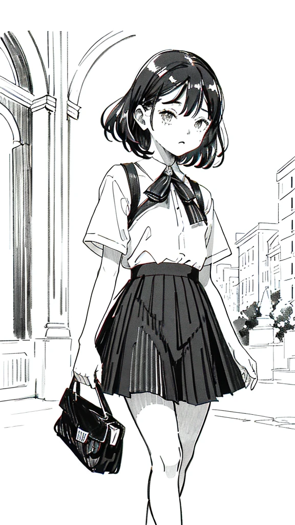 One Girl,Line art,Monochrome,sketch,Pencil drawing,Traditional Media,One Girl, skirt,Cute Teenage Girls, ,Beautiful portrait、Delicate body、Black Hair、Black Hair,landscape