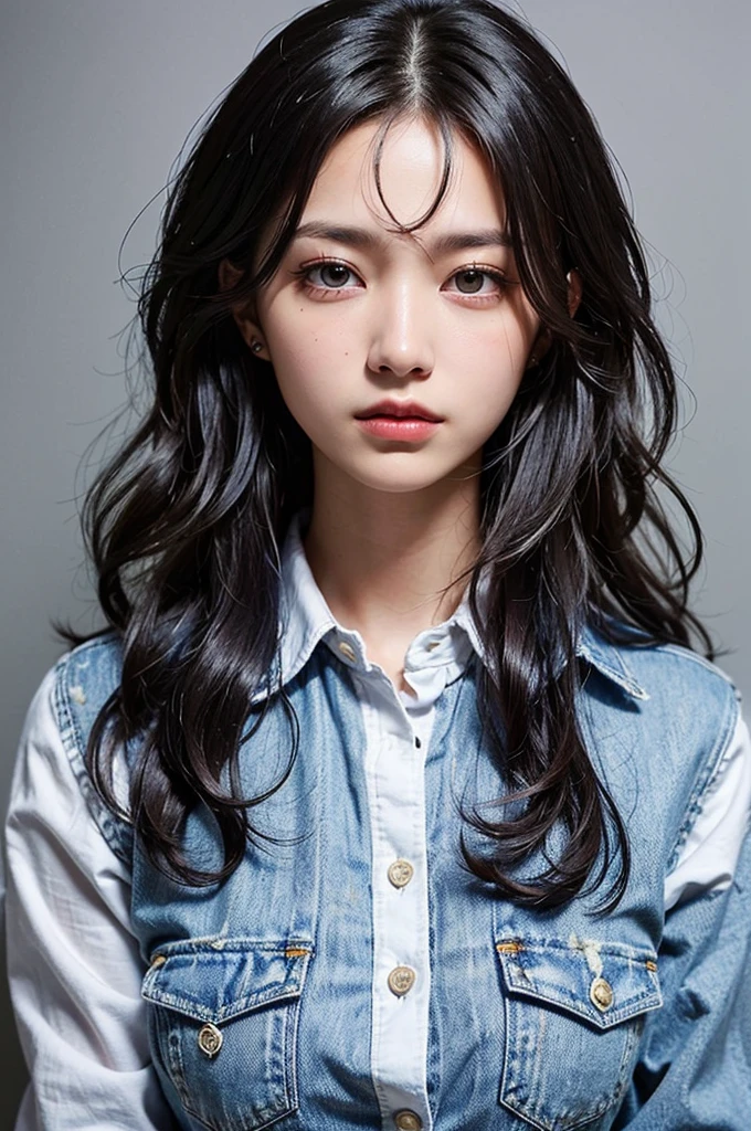 ((masterpiece , Highest quality ,Face Focus)), 27 year old single woman , No tie collared shirt , Denim jeans , thin , Flat Chest , (Black medium hair , (Messy Hair:1.37) , Red eyes , Dark circles under the eyes:1.3) , (Jig eyes , Expressionless:1.7) , (smile: 0.1)