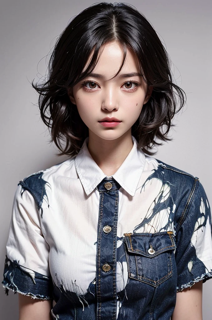 ((masterpiece , Highest quality ,Face Focus)), 27 year old single woman , No tie collared shirt , Denim jeans , thin , Flat Chest , (Black medium hair , (Messy Hair:1.37) , Red eyes , Dark circles under the eyes:1.3) , (Jig eyes , Expressionless:1.7) , (smile: 0.1)
