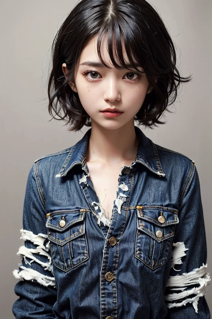 ((masterpiece , Highest quality ,Face Focus)), 27 year old single woman , No tie collared shirt , Denim jeans , thin , Flat Chest , (Black medium hair , (Messy Hair:1.37) , Red eyes , Dark circles under the eyes:1.3) , (Jig eyes , Expressionless:1.7) , (smile: 0.1)