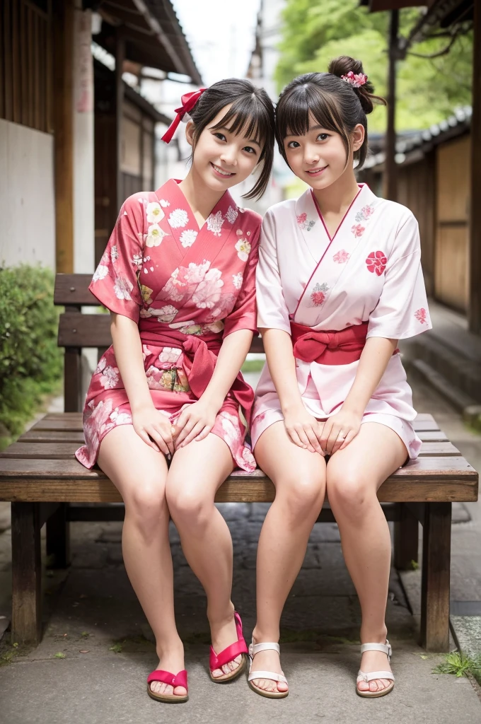 2 girls on wooden bench in old-Japanese street,floral pink yukata with red obi,18-year-old,bangs,a little smile,thighs,knees,short hair and low pigtails with red ribbon bow,from before,front light