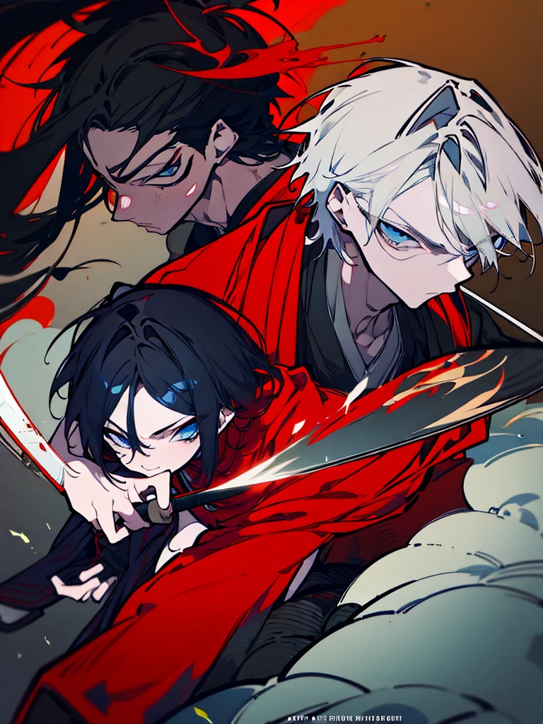 a close up of a person with a sword and a guy with a red dress, handsome guy in demon slayer art, best anime character design, detailed anime character art, anime character; full body art, anime character design a death god, character adoptable, handsome japanese demon boy, bloody + concept art, official character art, onmyoji detailed art, beautiful male god of death a close up of a person in a black dress with a gold belt, flowing white robes, white haired deity, genshin impact character, golden-black robes, picture of a male samurai and death god, d&d dark sun character art, official character art, portrait of ororo munroe, holding a katana, holding a katana, holding a katana, holding a katana, holding a katana, bloody, bloody, bloody, bloody, red and golden effects, red and golden effects, red effects, golden effects,black hair, black hair, black hair, black hair, black hair, golden effects, golden effects, BLUE eyes, BLUE eyes, BLUE eyes, BLUE eyes, badass, badass, badass