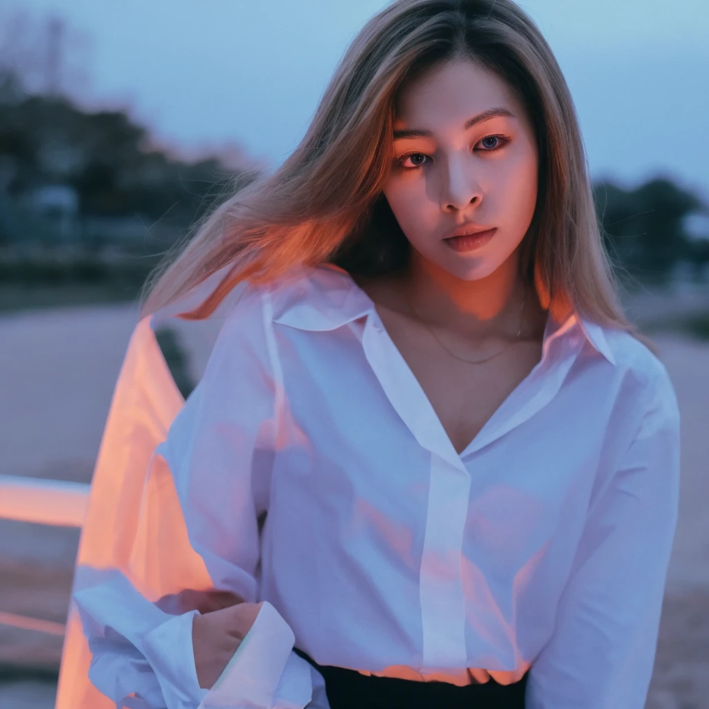 Beautiful girl with a good figure,white skin,Japanese face,long hair,pink hair,Wear a thin white shirt.,The atmosphere has poke.,nighttime
