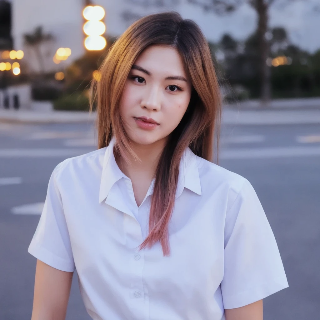 Beautiful girl with a good figure,white skin,Japanese face,long hair,pink hair,Wear a thin white shirt.,The atmosphere has poke.,nighttime