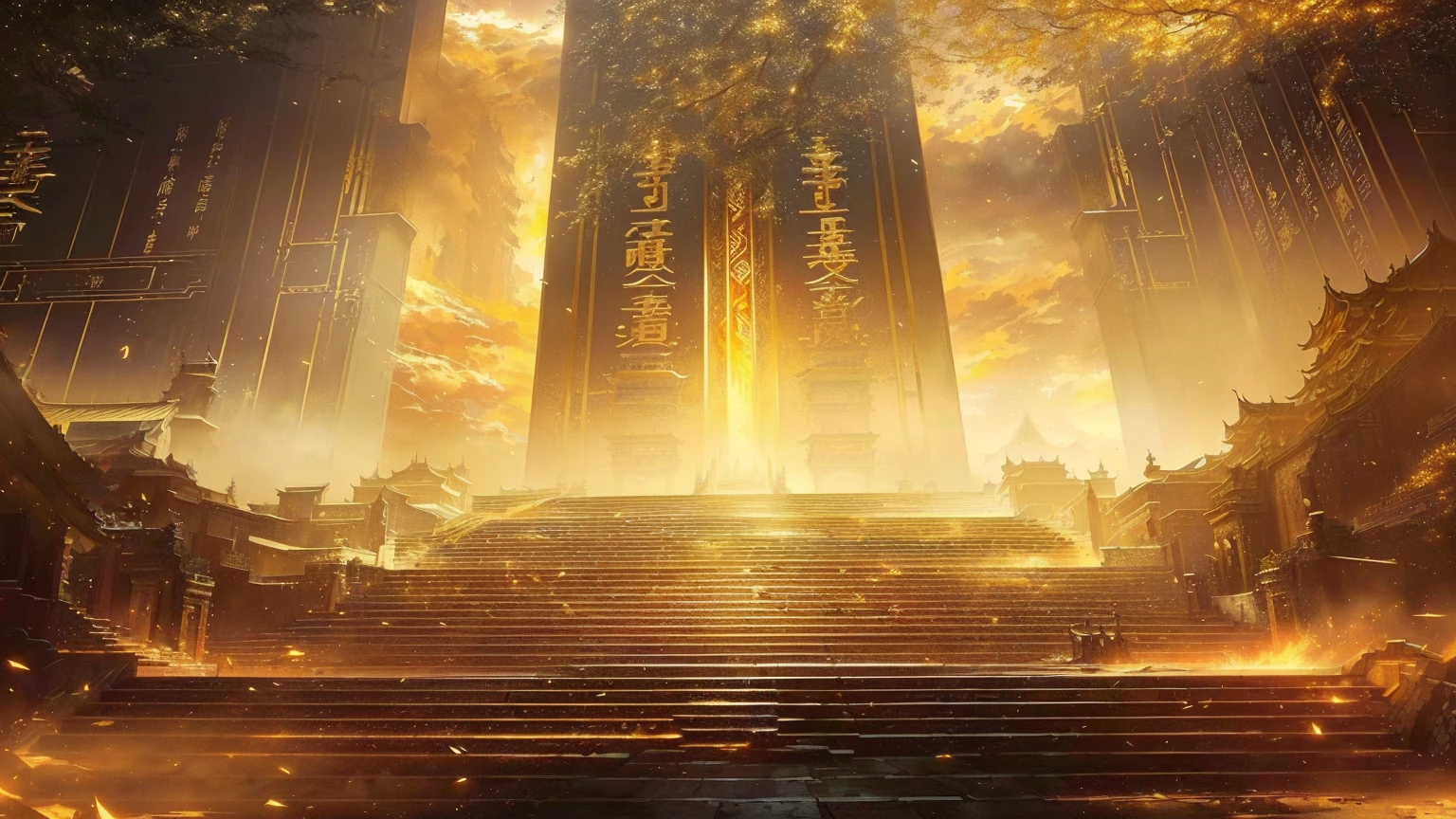 Close-up of stairs leading to a building,Sky in the background, Ruina Library concept art, gold gates of heaven!!!!!!!!, tall golden heavenly gates, Anime epic artwork, Cyberpunk Chinese Ancient Castle, Infinite Celestial Library, Temple Background, author:Yang J, Golden Throne, anime concept hdr anime macmanus, Theatre concept art, by Shitao