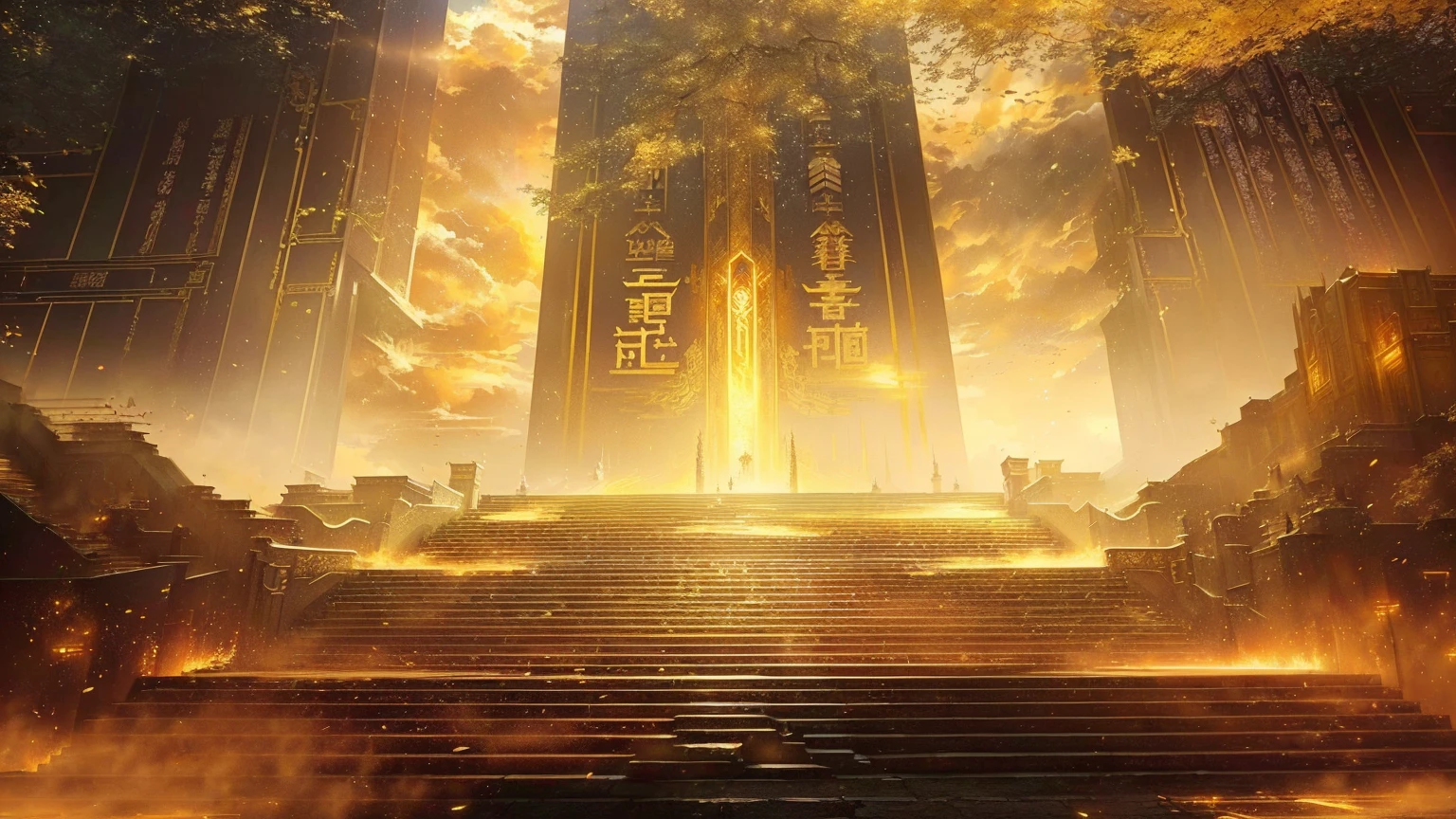 Close-up of stairs leading to a building，Sky in the background, Ruina Library concept art, gold gates of heaven!!!!!!!!, tall golden heavenly gates, Anime epic artwork, Cyberpunk Chinese Ancient Castle, Infinite Celestial Library, Temple Background, author：Yang J, Golden Throne, anime concept hdr anime macmanus, Theatre concept art, by Shitao