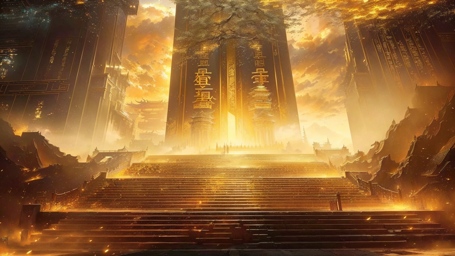Close-up of stairs leading to a building，Sky in the background, Ruina Library concept art, gold gates of heaven!!!!!!!!, tall golden heavenly gates, Anime epic artwork, Cyberpunk Chinese Ancient Castle, Infinite Celestial Library, Temple Background, author：Yang J, Golden Throne, anime concept hdr anime macmanus, Theatre concept art, by Shitao