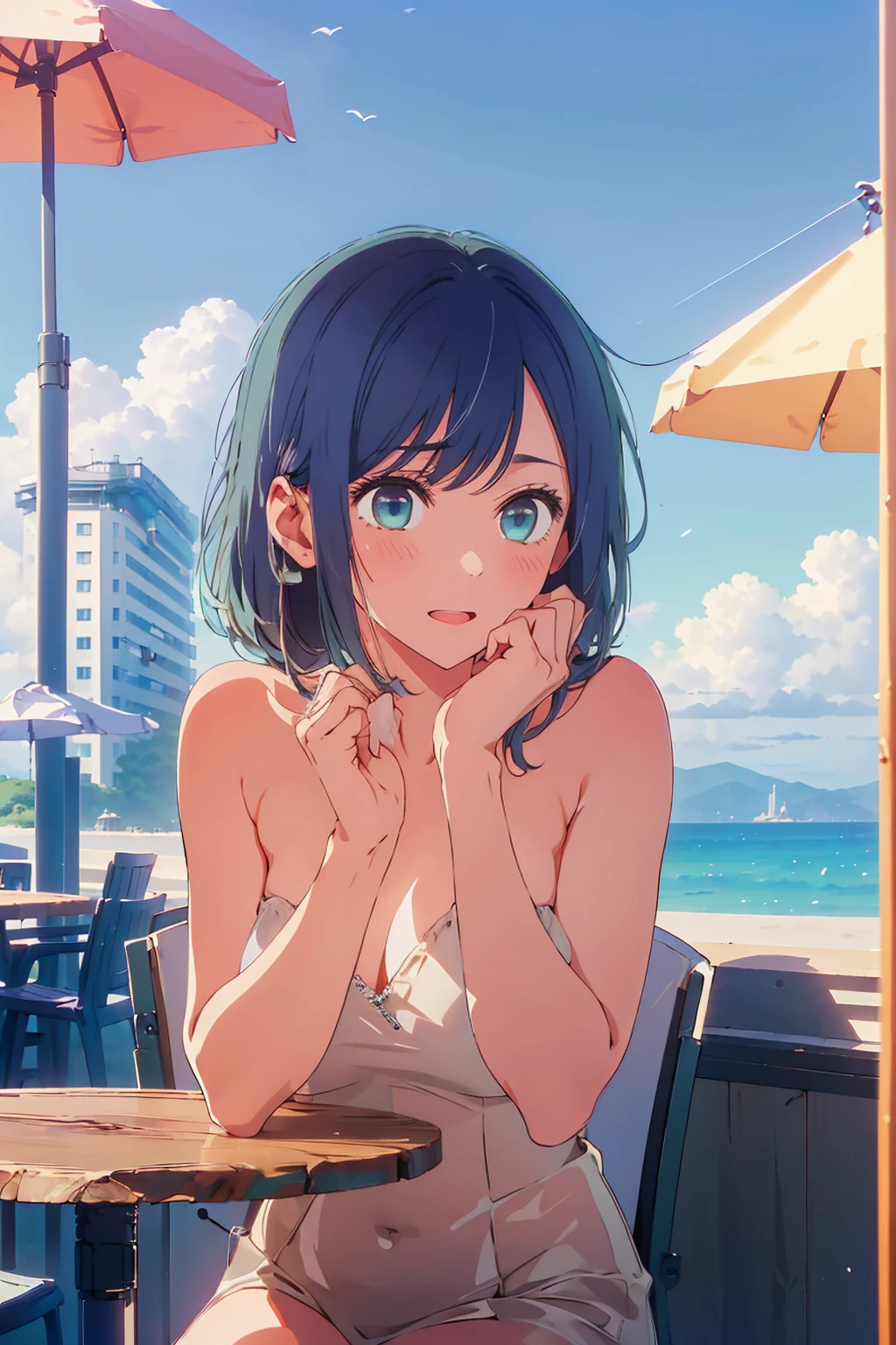 (Highest quality:1.4、8K:1.4、detailed)、F cup bust、、Slim body、Very white beautiful skin、((((1 person、Surprised expression、sit、Chair、In the background are the urban buildings of Tokyo、looking at the camera、Outdoor café terrace、coastal、Navy hair color、juice、Shooting up close、table、Very cute face))))、((((nude))))、(Pof putting hair behind ears with hands:1.4)、Very blue sky、A completely cloudless sky