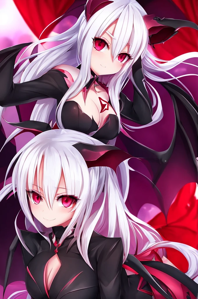 facing front, pink pony girl, fangs, red eyes, white irises, white hair, bat wings, succubus tail