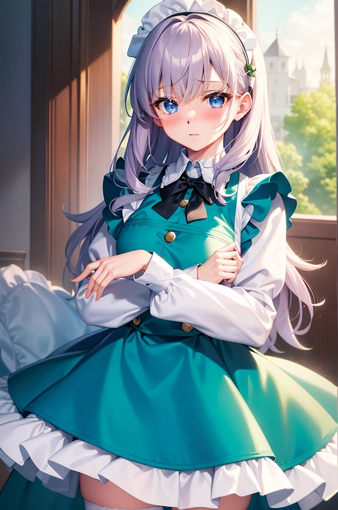 masterpiece, best quality,1girl, solo,whtie hair,medium hair,blue eyes,long sleeves,juliet sleeves,apron,maid,maid headdress,puffy sleeves,green dress,vest,buttons, white thighhighs,standing, looking at viewer, nose blush, holding fluffy towel,