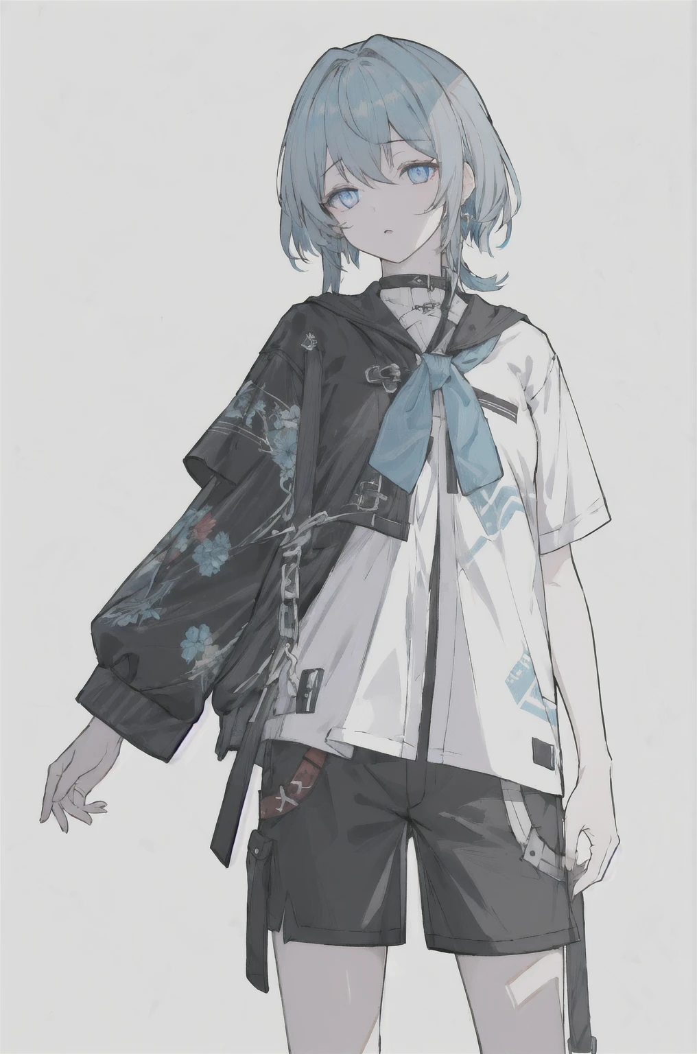 8K,high resolution,absurd,masterpiece,best quality,The original,Extremely detailed CG,Extremely detailed wallpaper,Perfect lighting,1 Girl,Vague_background，
(hutaodef:1.2),Black shorts,black h在 with h在 ,blue eyes,Gray-blue hair,Leisure，Regular Clothes，modern