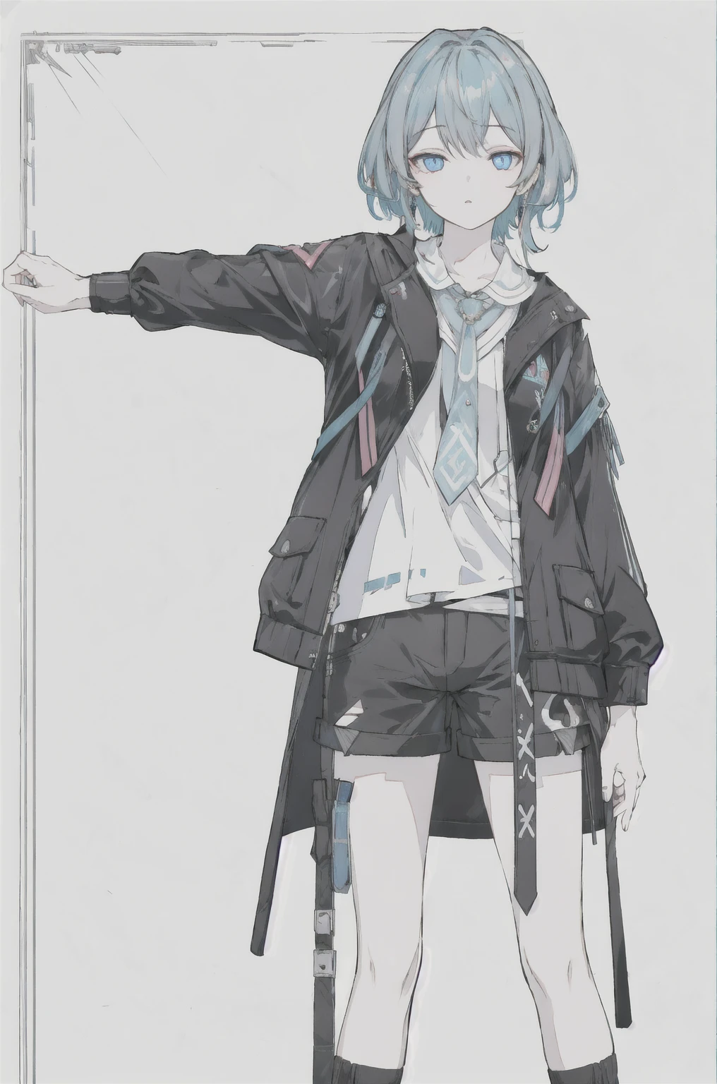 8K,high resolution,absurd,masterpiece,best quality,The original,Extremely detailed CG,Extremely detailed wallpaper,Perfect lighting,1 Girl,Vague_background,
(hutaodef:1.2),Black shorts,black h在 with h在 ,blue eyes,Gray-blue hair,Leisure,Regular Clothes,modern