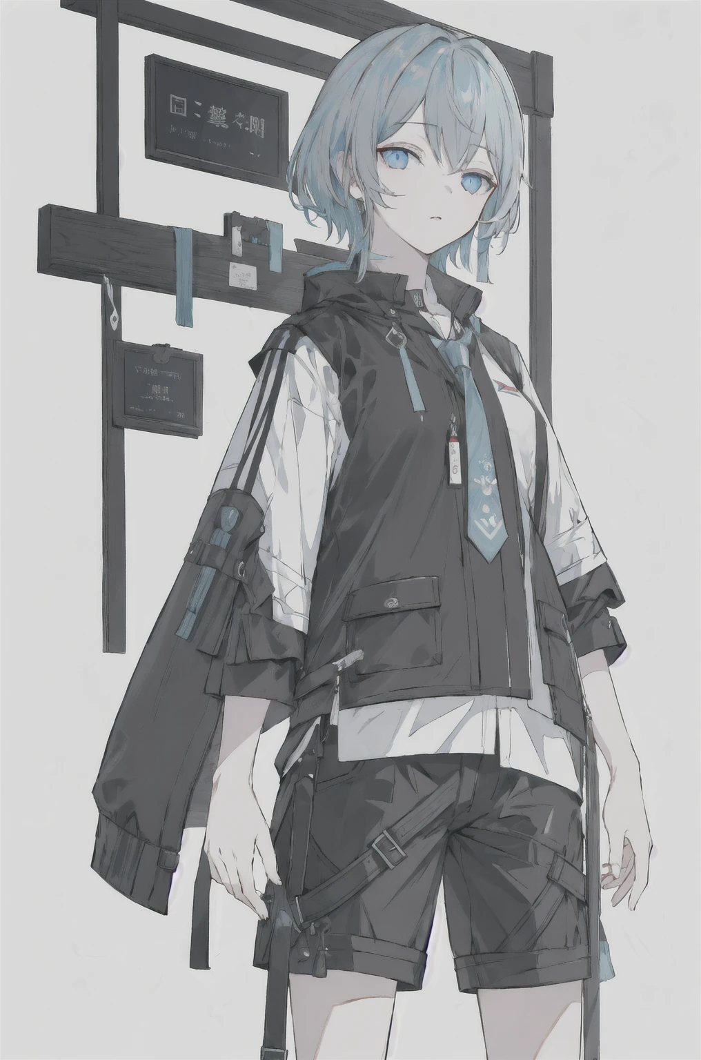 8K,high resolution,absurd,masterpiece,best quality,The original,Extremely detailed CG,Extremely detailed wallpaper,Perfect lighting,1 Girl,Vague_background,
(hutaodef:1.2),Black shorts,black h在 with h在 ,blue eyes,Gray-blue hair,Leisure,Regular Clothes,modern