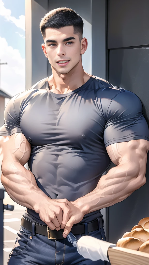 (handsome Man),(crew cut short hair:1.8),black eye,(Wear a fitted round neck t-shirt in navy with a police badge.:1.5),(fit neck),Navy blue jeans,(black_gloves:1.2), Korean guy,chest muscles,large arm muscles,blood vessel,Big muscles,Broad shoulders, (open mouth:1.2),(face up:1.2),(open eyes:1.5), middle of the road,smile, In front of the bread shop