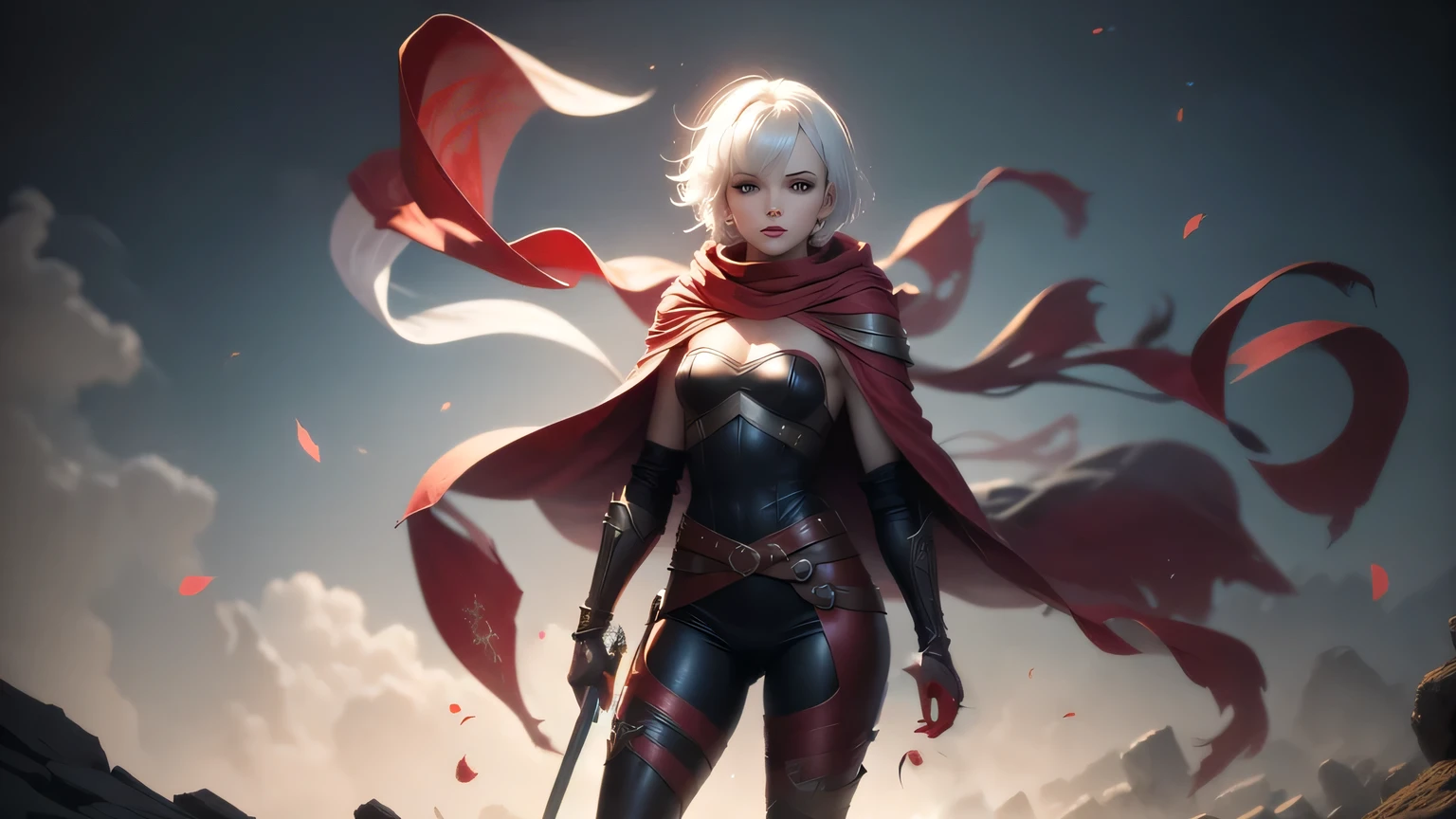 little Red Riding Hood,Fantasy World,White short hair,Sexy body,tall,slim,Wearing tights,Red and gold eyes,With a musket in his hand,Wearing black,Hair with red highlights,Wearing leather armor,Metal arm armor,Wears a red hood,Wear a shawl,The shawl is very short,Wearing long boots,side fringe,Hips,Royal sister,Demon hunter,High and cold