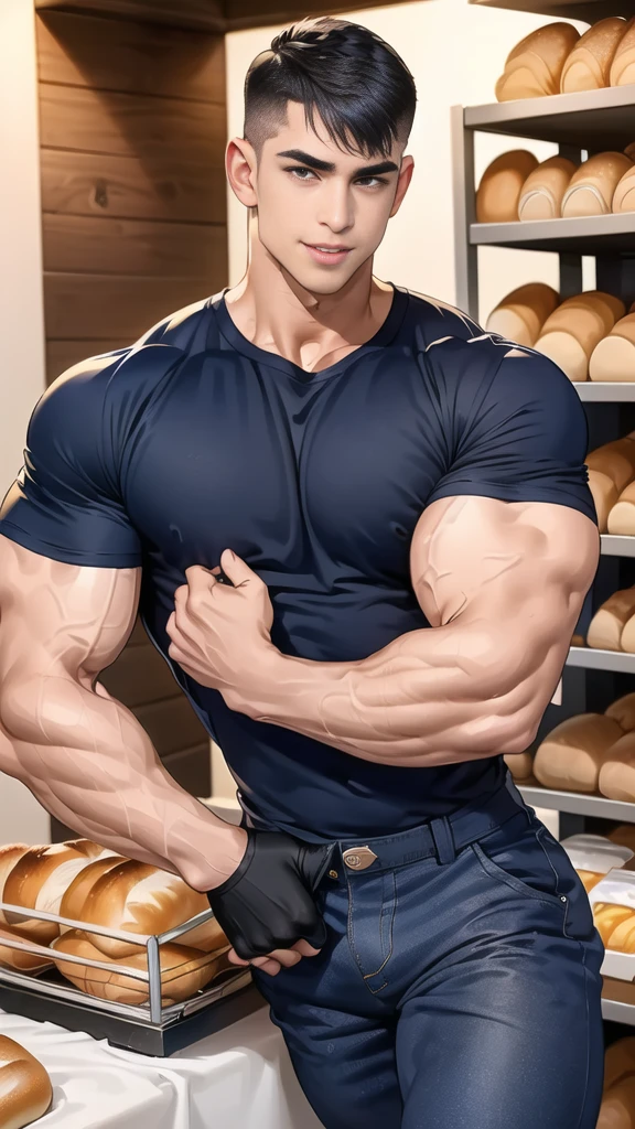 (handsome Man),(crew cut short hair:1.8),black eye,(Wear a fitted round neck t-shirt in navy with a police badge.:1.5),(fit neck),Navy blue jeans,(black_gloves:1.2), Korean guy,chest muscles,large arm muscles,blood vessel,Big muscles,Broad shoulders, (open mouth:1.2),(face up:1.2),(open eyes:1.5), middle of the road,smile, In the bread shop, (bread in hand)