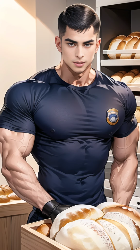 (handsome Man),(crew cut short hair:1.8),black eye,(Wear a fitted round neck t-shirt in navy with a police badge.:1.5),(fit neck),Navy blue jeans,(black_gloves:1.2), Korean guy,chest muscles,large arm muscles,blood vessel,Big muscles,Broad shoulders, (open mouth:1.2),(face up:1.2),(open eyes:1.5), middle of the road,smile, In the bread shop, (bread in hand)