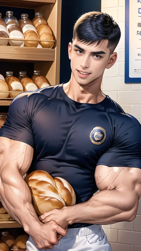 (handsome Man),(crew cut short hair:1.8),black eye,(Wear a fitted round neck t-shirt in navy with a police badge.:1.5),(fit neck),Navy blue jeans,(black_gloves:1.2), Korean guy,chest muscles,large arm muscles,blood vessel,Big muscles,Broad shoulders, (open mouth:1.2),(face up:1.2),(open eyes:1.5), middle of the road,smile, In the bread shop, (bread in hand)