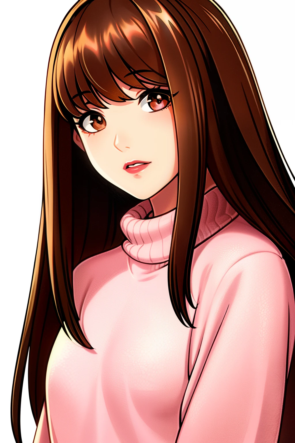 Girl, long soft brown hair, brown eyes, sharp features, white skin, pink lips, beautiful, perfect, sweater