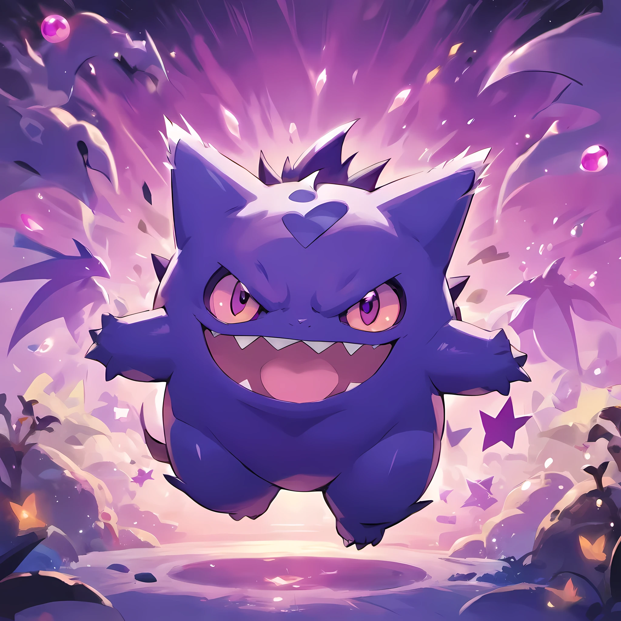 Pokemon gengar with creatures in background.
I want a wallpaper style.