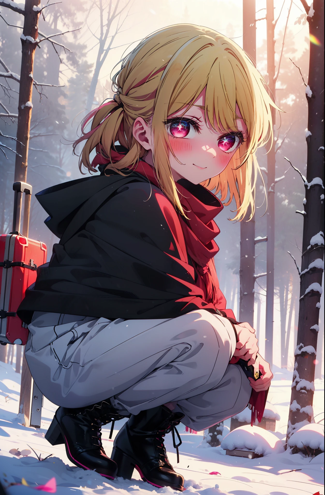rubyhoshino, Hoshino Ruby, Long Hair, bangs, Blonde, (Pink Eyes:1.3), Side Lock, (Symbol-shaped pupil:1.5), Multicolored Hair, Two-tone hair, smile,,smile,blush,White Breath,
Open your mouth,snow,Ground bonfire, Outdoor, boots, snowing, From the side, wood, suitcase, Cape, Blurred, , forest, White handbag, nature, Squat, Mouth closed, Cape, winter, Written boundary depth, Black shoes, red Cape break looking at viewer, Upper Body, whole body, break Outdoor, forest, nature, break (masterpiece:1.2), Highest quality, High resolution, unity 8k wallpaper, (shape:0.8), (Beautiful and beautiful eyes:1.6), Highly detailed face, Perfect lighting, Highly detailed CG, (Perfect hands, Perfect Anatomy),