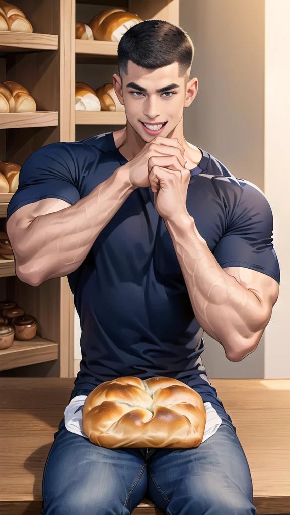 (handsome Man sitting on table eating bread ),(crew cut short hair:1.8),black eye,(Wear a fitted round neck t-shirt in navy with a police badge.:1.5),(fit neck),Navy blue jeans,(black_gloves:1.2), Korean guy,chest muscles,large arm muscles,blood vessel,Big muscles,Broad shoulders, (open mouth:1.2),(face up:1.2),(open eyes:1.5), middle of the road,smile, In the bread shop,