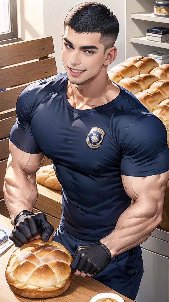 (handsome Man sitting on table eating bread ),(crew cut short hair:1.8),black eye,(Wear a fitted round neck t-shirt in navy with a police badge.:1.5),(fit neck),Navy blue jeans,(black_gloves:1.2), Korean guy,chest muscles,large arm muscles,blood vessel,Big muscles,Broad shoulders, (open mouth:1.2),(face up:1.2),(open eyes:1.5), middle of the road,smile, In the bread shop, 