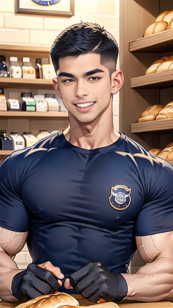 (handsome Man sitting on table eating bread ),(crew cut short hair:1.8),black eye,(Wear a fitted round neck t-shirt in navy with a police badge.:1.5),(fit neck),Navy blue jeans,(black_gloves:1.2), Korean guy,chest muscles,large arm muscles,blood vessel,Big muscles,Broad shoulders, (open mouth:1.2),(face up:1.2),(open eyes:1.5), middle of the road,smile, In the bread shop,