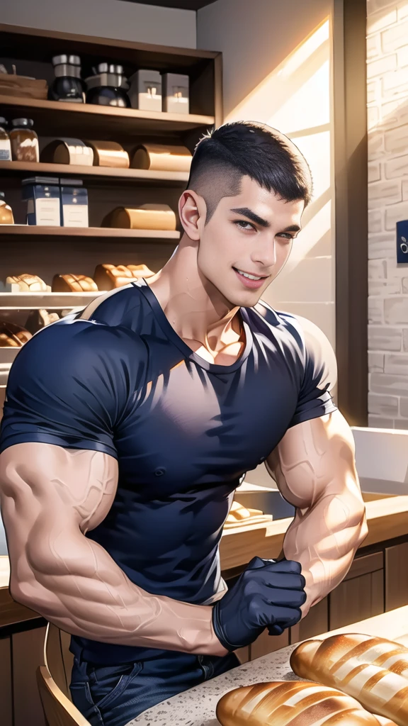 (handsome Man sitting on table eating bread ),(crew cut short hair:1.8),black eye,(Wear a fitted round neck t-shirt in navy with a police badge.:1.5),(fit neck),Navy blue jeans,(black_gloves:1.2), Korean guy,chest muscles,large arm muscles,blood vessel,Big muscles,Broad shoulders, (open mouth:1.2),(face up:1.2),(open eyes:1.5), middle of the road,smile, In the bread shop,