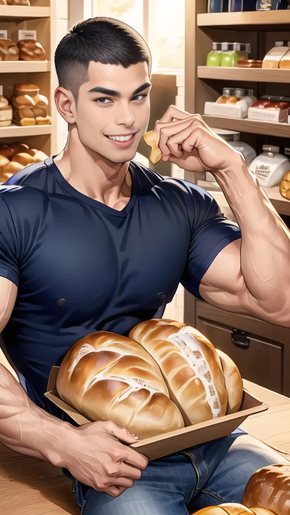 (handsome Man sitting on table eating bread ),(crew cut short hair:1.8),black eye,(Wear a fitted round neck t-shirt in navy with a police badge.:1.5),(fit neck),Navy blue jeans,(black_gloves:1.2), Korean guy,chest muscles,large arm muscles,blood vessel,Big muscles,Broad shoulders, (open mouth:1.2),(face up:1.2),(open eyes:1.5), middle of the road,smile, In the bread shop,