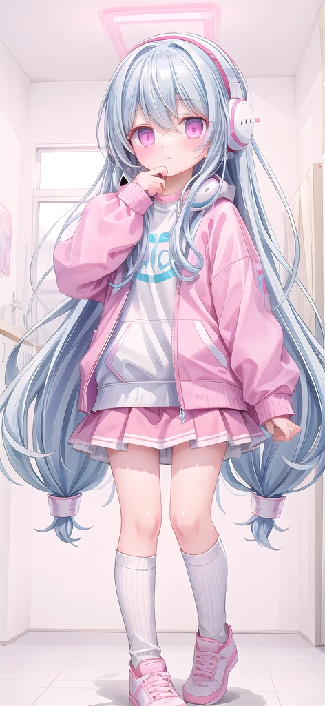 ,White knee socks,Light blue long hair,Pink and white sweatshirt,Pink Eyes,Blue headphones