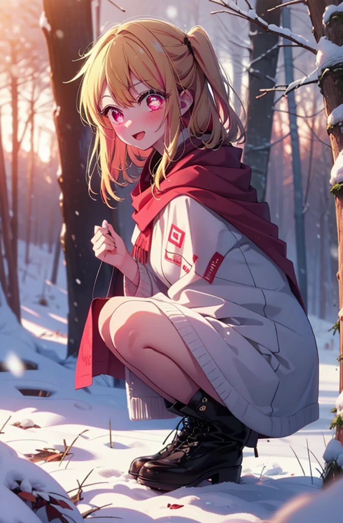 rubyhoshino, Hoshino Ruby, Long Hair, bangs, Blonde, (Pink Eyes:1.3), Side Lock, (Symbol-shaped pupil:1.5), Multicolored Hair, Two-tone hair, smile,,smile,blush,White Breath,
Open your mouth,snow,Ground bonfire, Outdoor, boots, snowing, From the side, wood, suitcase, Cape, Blurred, , forest, White handbag, nature,  Squat, Mouth closed, Cape, winter, Written boundary depth, Black shoes, red Cape break looking at viewer, Upper Body, whole body, break Outdoor, forest, nature, break (masterpiece:1.2), Highest quality, High resolution, unity 8k wallpaper, (shape:0.8), (Beautiful and beautiful eyes:1.6), Highly detailed face, Perfect lighting, Highly detailed CG, (Perfect hands, Perfect Anatomy),