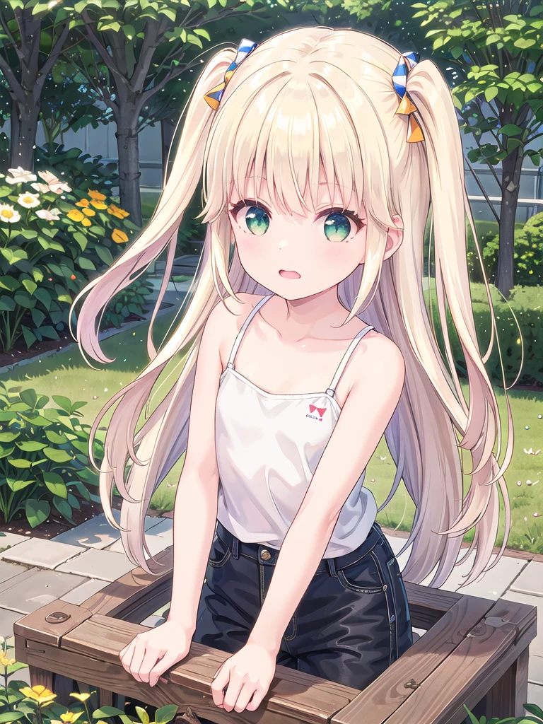 1 Girl, ,Highest quality, Very detailed, masterpiece, Outdoor ,Sitting,garden,Green Eyes,Blonde, Long Hair, Eyebrows visible through hair, White camisole,Flat Chest,S○l○,Very detailedな, (masterpiece),,upper body,顔 focus, No hair accessories