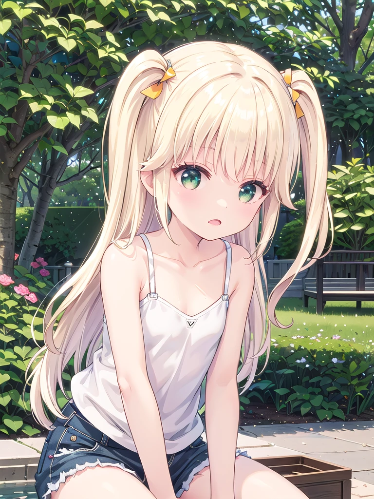 1 Girl, ,Highest quality, Very detailed, masterpiece, Outdoor ,Sitting,garden,Green Eyes,Blonde, Long Hair, Eyebrows visible through hair, White camisole,Flat Chest,S○l○,Very detailedな, (masterpiece),,upper body,顔 focus, No hair accessories