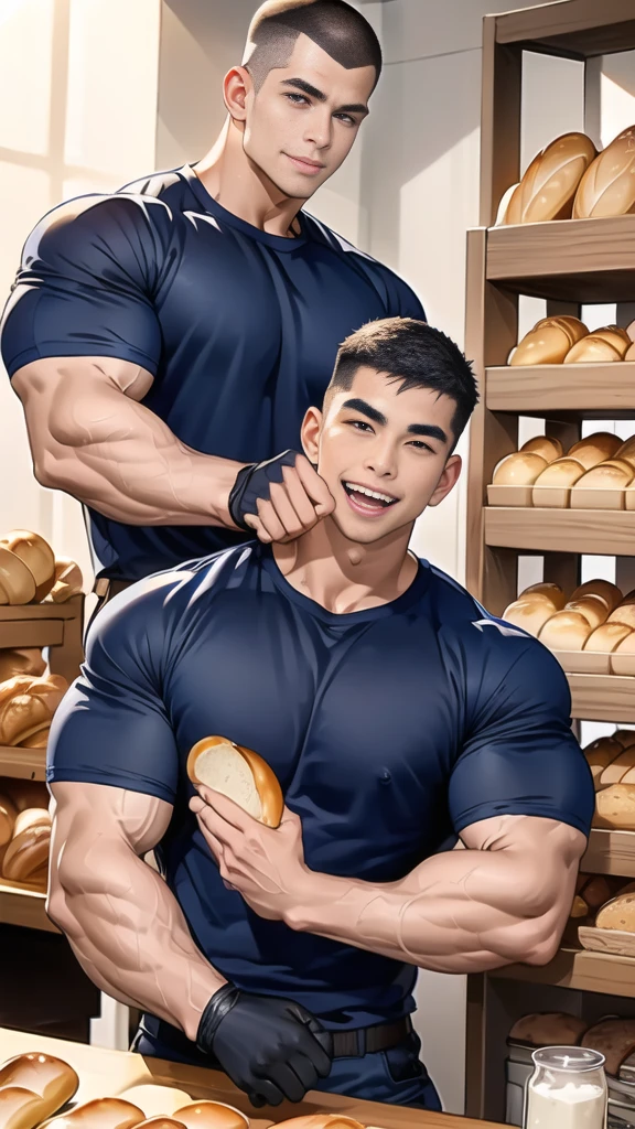 (handsome Man),(crew cut short hair:1.8), (man and woman hugging and kissing: 1.5), (man and woman: 1.5), smile, (A man wears a navy blue short-sleeved round neck t-shirt.: 1.3), Navy cargo pants, Korean guy , korean men, (High gloss details), chest muscles, large arm muscles, blood vessel, Big muscles, Broad shoulders, looking at the audience, Balancing the eyes, smile, Close your eyes, open your mouth., (Close your eyes, open your mouth. : 1.3) , ,(genital very long big : 1.8), (Big testicles), (Erection of the penis: 1.1), (How: 1.8) ,(naked woman: 1.9), Make love, fucking, sex, lust,  (, In front of the bread shop: 1.3) ,