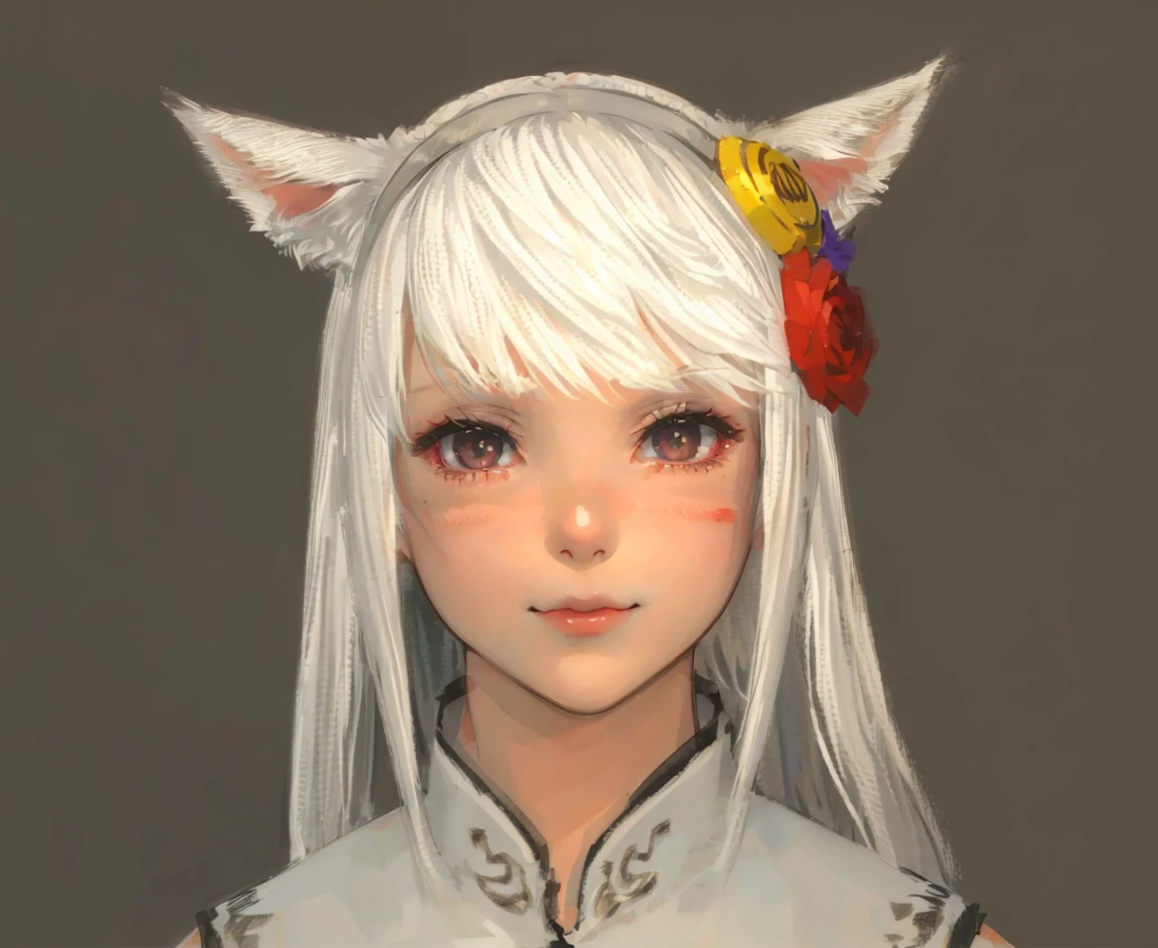 Catgirl, white hair, red lips, (((cat eyes))), two horizontal face clan marks, studio rim lighting, gentle smile, (((kawaiii)))
