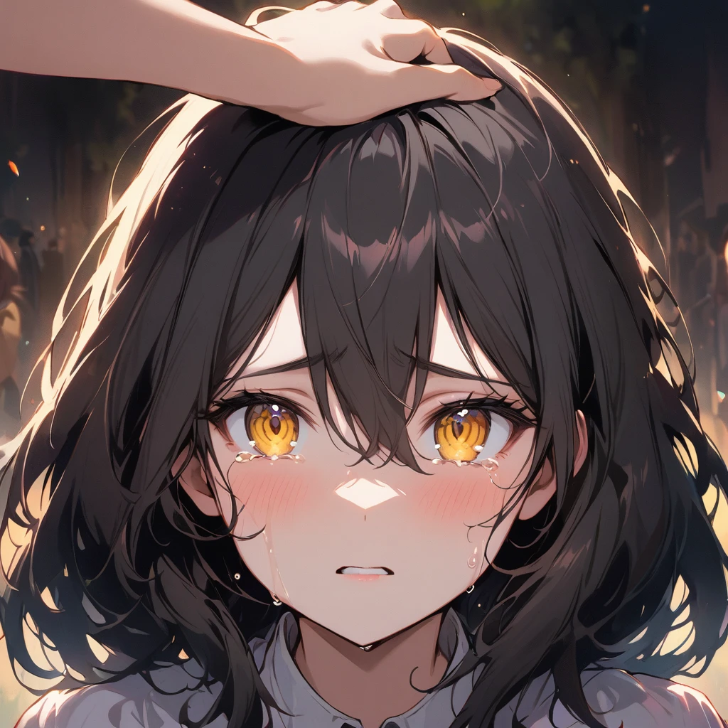tears, yellow eyes, 1girl, crying, black hair, hand on another's head, hair between eyes, looking at viewer, crying with eyes open, bangs, solo focus, out of frame, headpat, pov