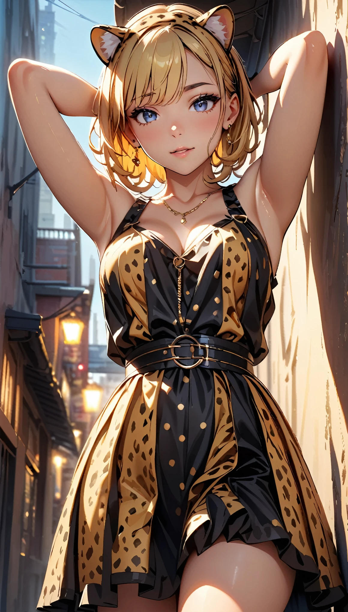 (Highest quality:1.2, High Detail, masterpiece:1.2, Best aesthetics), (1 girl), Beautiful woman, Cheetah Girl:1.2, Beautiful detailed eyes, Beautiful detailed lips, Highly detailed face, Detailed Fashion, elegant, luxury, High quality fabric, Shine, Shine, Leaning against a wall, Gaze lustfully at the viewer, Downtown, Hands behind head, ((Cheetah Headband, Yellow and black polka dot dress:1.2, Obscene)), Cowboy Shot, Dramatic lighting, Cinematic, Bright colors, Intricate details, Chiaroscuro lighting.