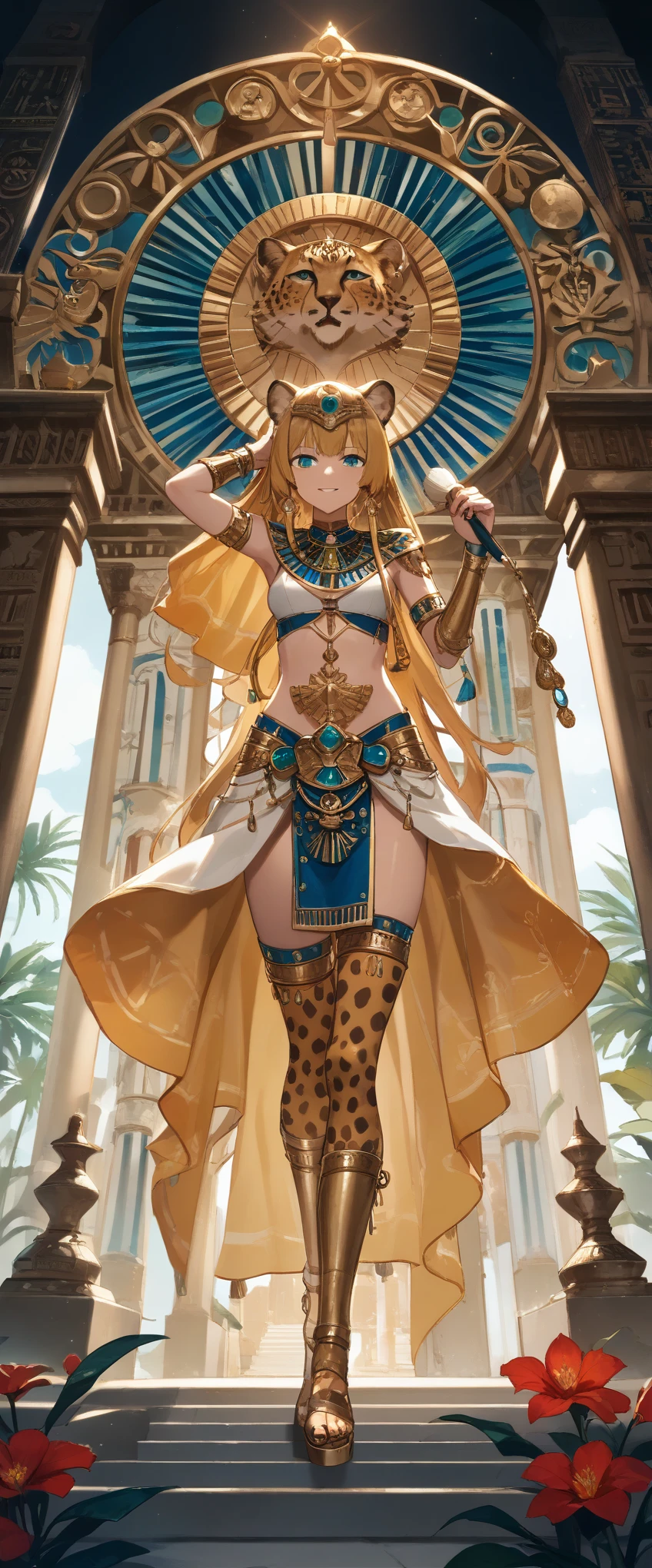 score_9, score_8_up, score_7_up, score_6_up, score_5_up, score_4_up,source_anime, source_furry,rating_safe,Egyptian goddess\(female, Safkhet, Sesat, Seshet, Sesheta, Seshata, Uraeus with flower and star in diadem, (wearing cheetah skin:1.2), holding brush and ink-dish,twinkling star above head\), background\(Egyptian temple\),dynamic angle, BREAK ,quality\(8k,wallpaper of extremely detailed CG unit, ​masterpiece,hight resolution,top-quality,top-quality real texture skin,hyper realisitic,increase the resolution,RAW photos,best qualtiy,highly detailed,the wallpaper,cinematic lighting,ray trace,golden ratio\)