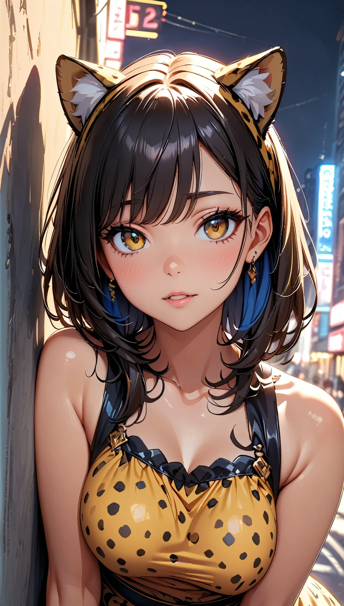 (Highest quality:1.2, High Detail, masterpiece:1.2, Best aesthetics), (1 girl), Beautiful woman, Cheetah Girl:1.2, Beautiful detailed eyes, Beautiful detailed lips, Highly detailed face, Detailed Fashion, elegant, luxury, High quality fabric, Shine, Shine, Leaning against a wall, Gaze lustfully at the viewer, Downtown, ((Cheetah Headband, Yellow and black polka dot dress:1.4, Obscene)), Cowboy Shot, Dramatic lighting, Cinematic, Bright colors, Intricate details, Chiaroscuro lighting.