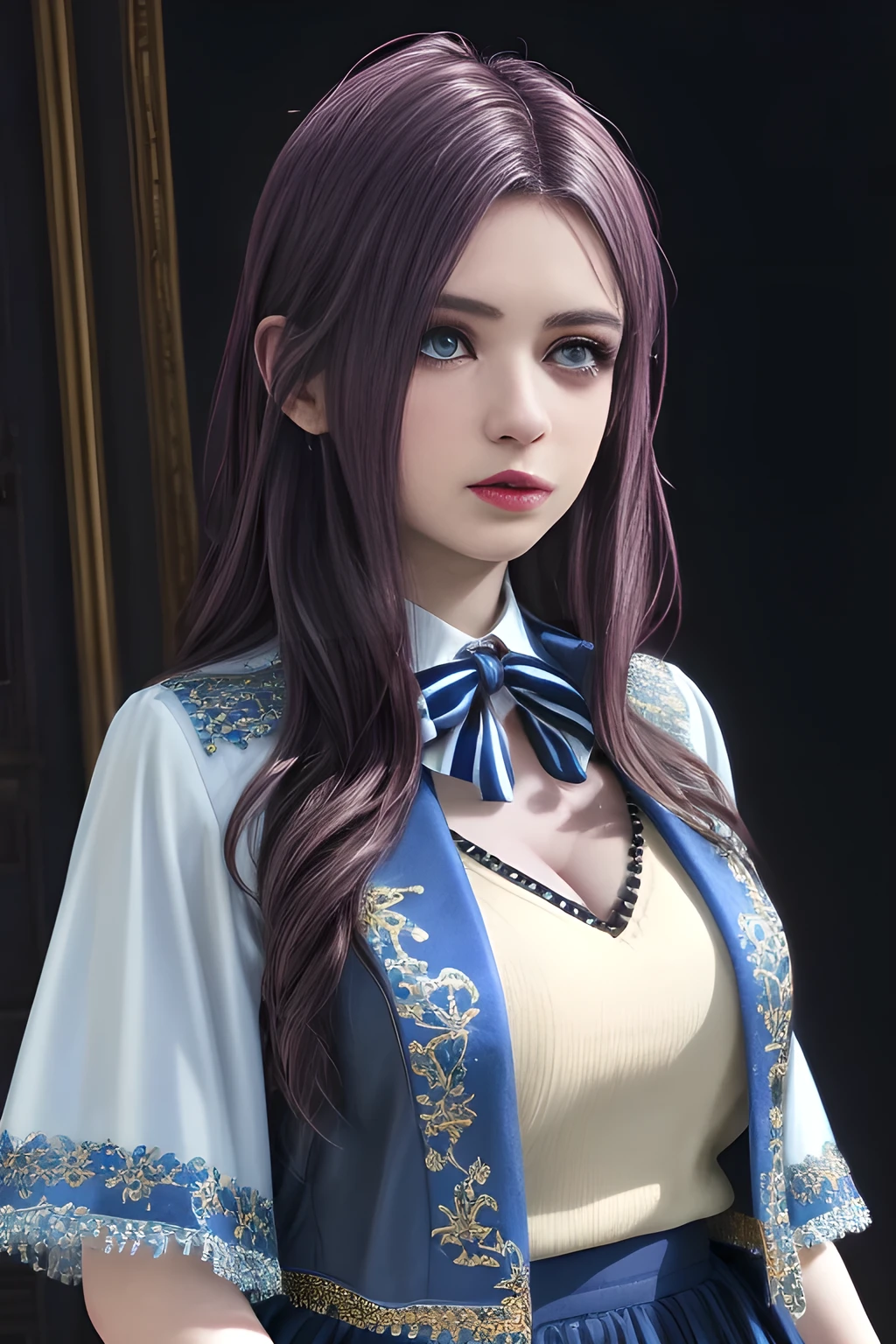 1girl,The upper body is a dark blue short-sleeved suit jacket, paired with a white shirt and a black tie. The jacket is decorated with white stripes, which adds a sense of fashion and layering. The lower body is a dark blue skirt that matches the jacket, ,beautiful detailed eyes, beautiful detailed lips, extremely detailed eyes and face, long eyelashes, best quality, 4k, 8k, highres, masterpiece, ultra-detailed, realistic, photorealistic, photo-realistic, ethereal glow, regal elegance, intricate details, luxurious, otherworldly beauty, dark atmospheric background, supernatural aura, elise,
