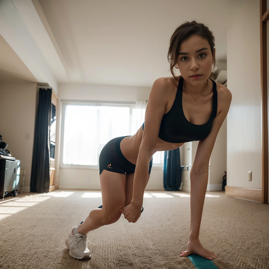 woman in a blue tank top and black shorts playing a video game, running towards camera, running towards the camera, lunging at camera :4, running fast towards the camera, jumping towards viewer, working out, full scene camera shot, running pose, full body wide shot, sport bra and shorts, webcam footage, sweaty 4 k, side view of her taking steps