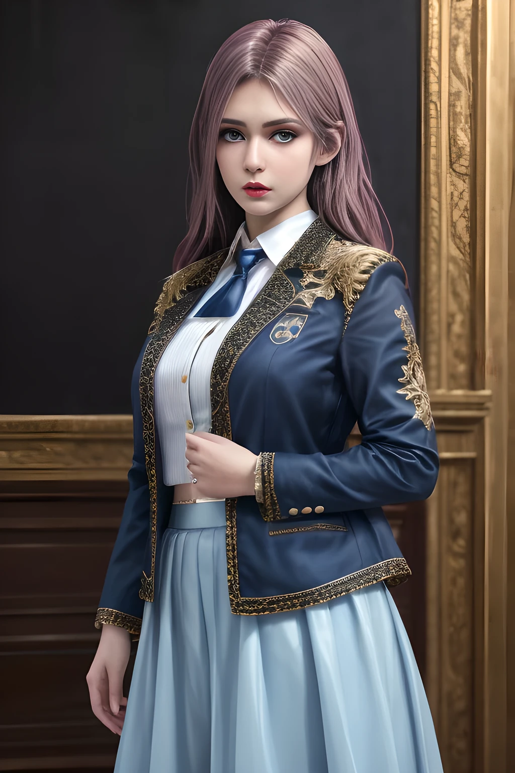 1girl,The upper body is a dark blue short-sleeved suit jacket, paired with a white shirt and a black tie. The jacket is decorated with white stripes, which adds a sense of fashion and layering. The lower body is a dark blue skirt that matches the jacket, ,beautiful detailed eyes, beautiful detailed lips, extremely detailed eyes and face, long eyelashes, best quality, 4k, 8k, highres, masterpiece, ultra-detailed, realistic, photorealistic, photo-realistic, ethereal glow, regal elegance, intricate details, luxurious, otherworldly beauty, dark atmospheric background, supernatural aura, elise,