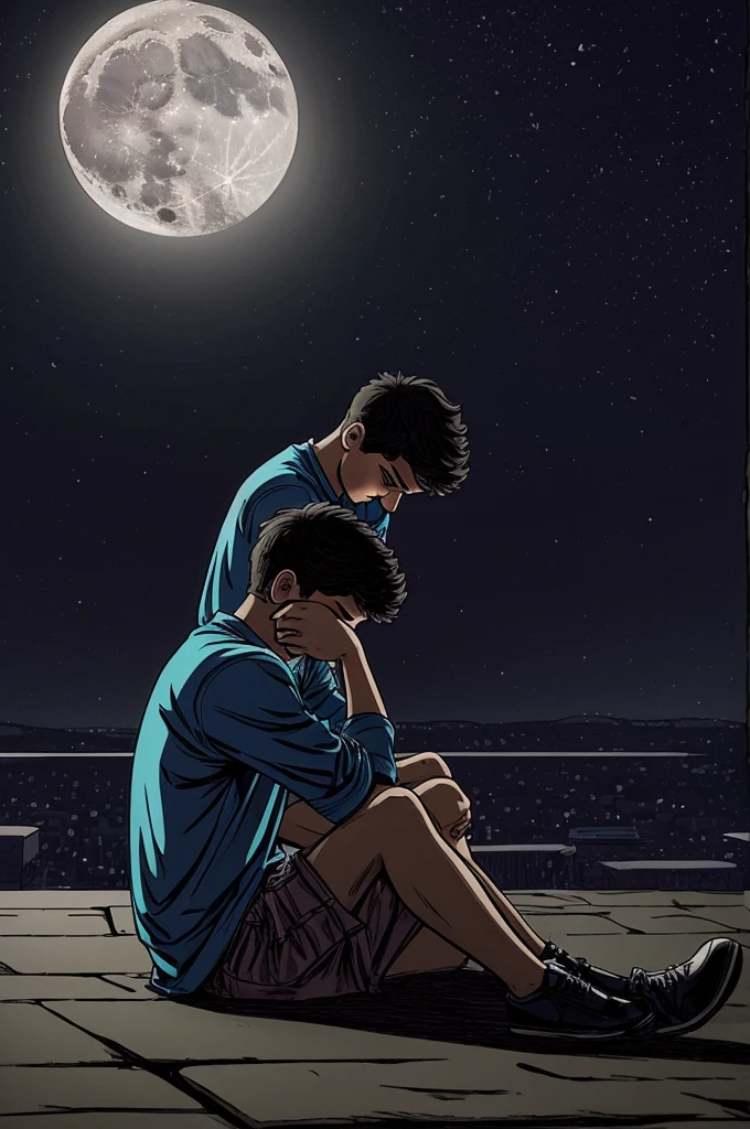 Sad depressed boy sitting on a moonlit night cartoon
