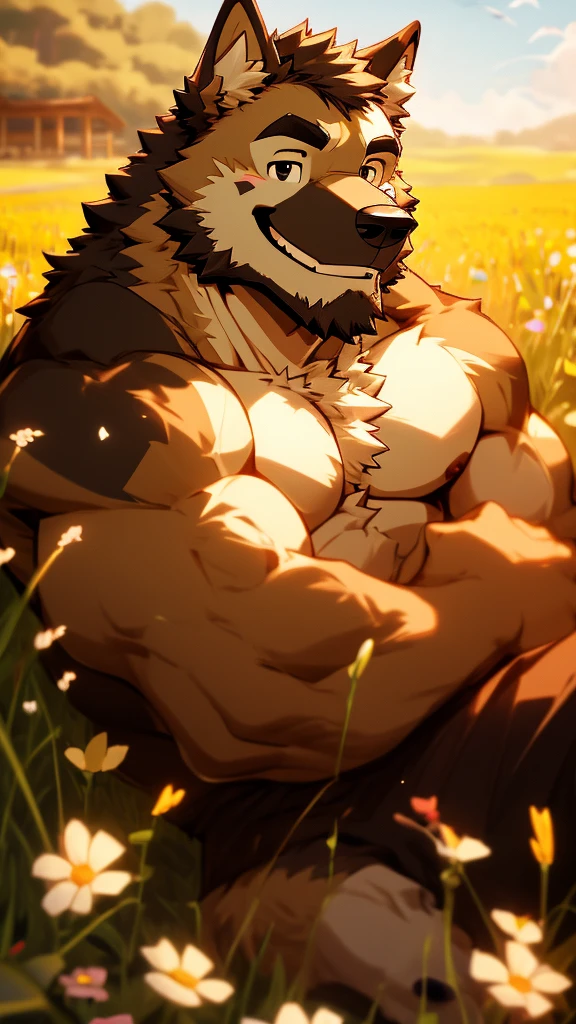 (masterpiece),German Shepherd,Topless,Black eyes,Smile,hairy,8K,wallpaper,Detailed background,Very detailed body,Eye details,Paw pad details,Lifelike,Flower Field