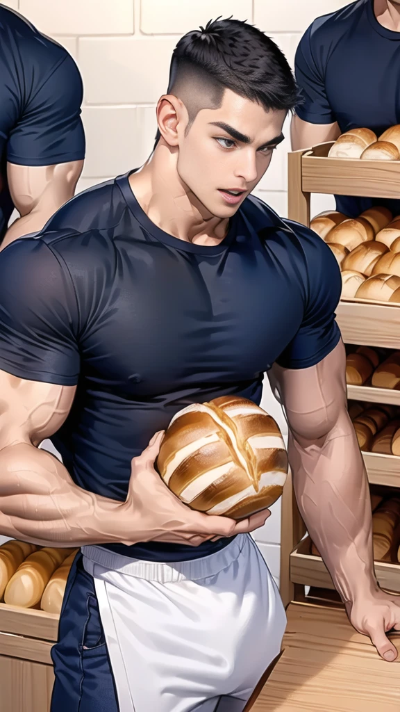 (handsome Man),(crew cut short hair:1.8),black eye,(Wear a fitted round neck t-shirt in navy with a police badge.:1.5),(fit neck),Navy blue jeans,(black_gloves:1.2), Korean guy,chest muscles,large arm muscles,blood vessel,Big muscles,Broad shoulders, (open mouth:1.2),(face up:1.2),(open eyes:1.5), middle of the road,smile, In the bread shop, (bread in hand)