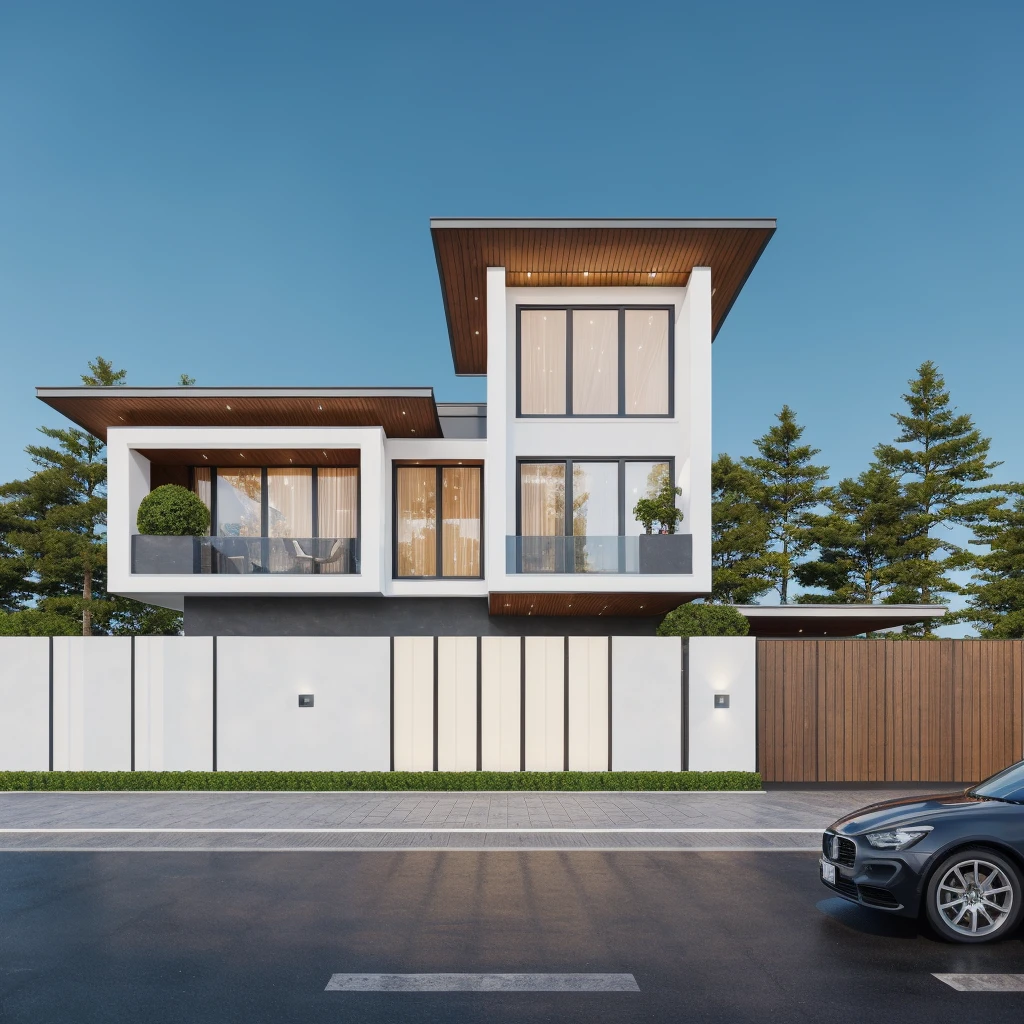 PLATFORM KTHOUSE, 1 morden villa,1large yard, 1 road runs in front of the house, (RAW photo, real, best quality, masterpiece:1.2), look morden minimalist, 1 road in front of the house, dynamic lighting:1.3, (hyper realistic, photo-realistic:1.2), high quality, (dark lighting:1.2), perfect lighting, archdaily, no human, light at 12 noon, light in door:1.2